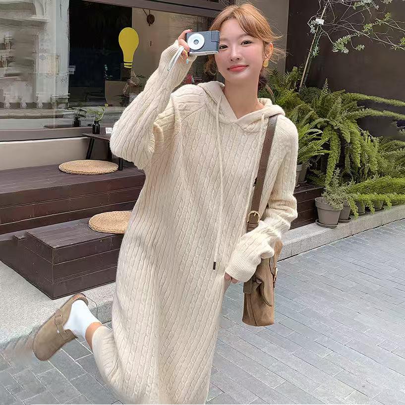 French Style Women's Wool Cable Knit Dress: Thick, Loose, Versatile for Autumn & Winter