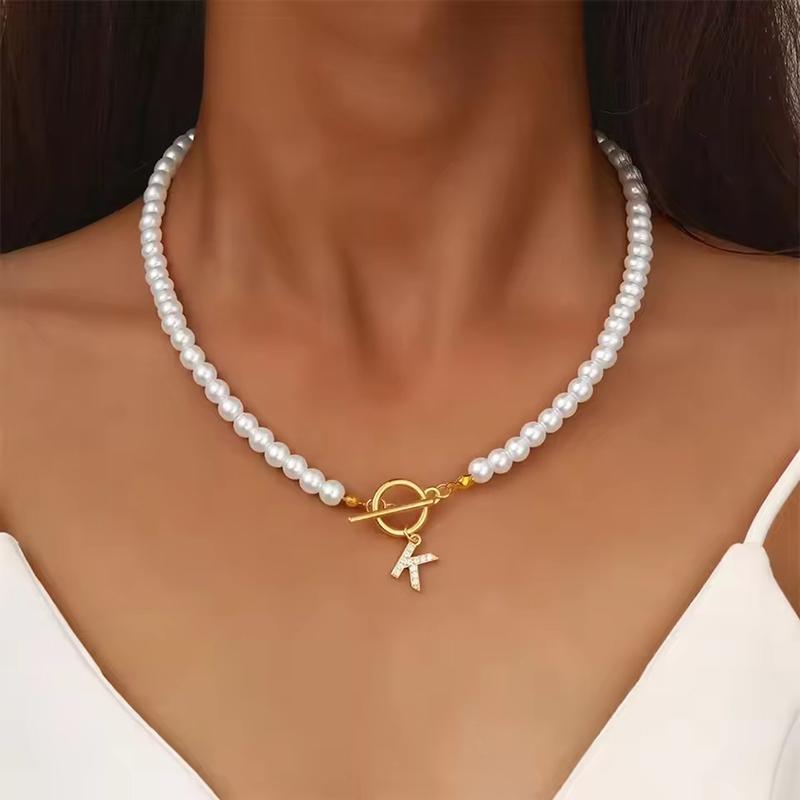 Rhinestone Letter Imitation Pearl Choker Necklace For Women Gold Plated Crystal Initial Pendant Necklace