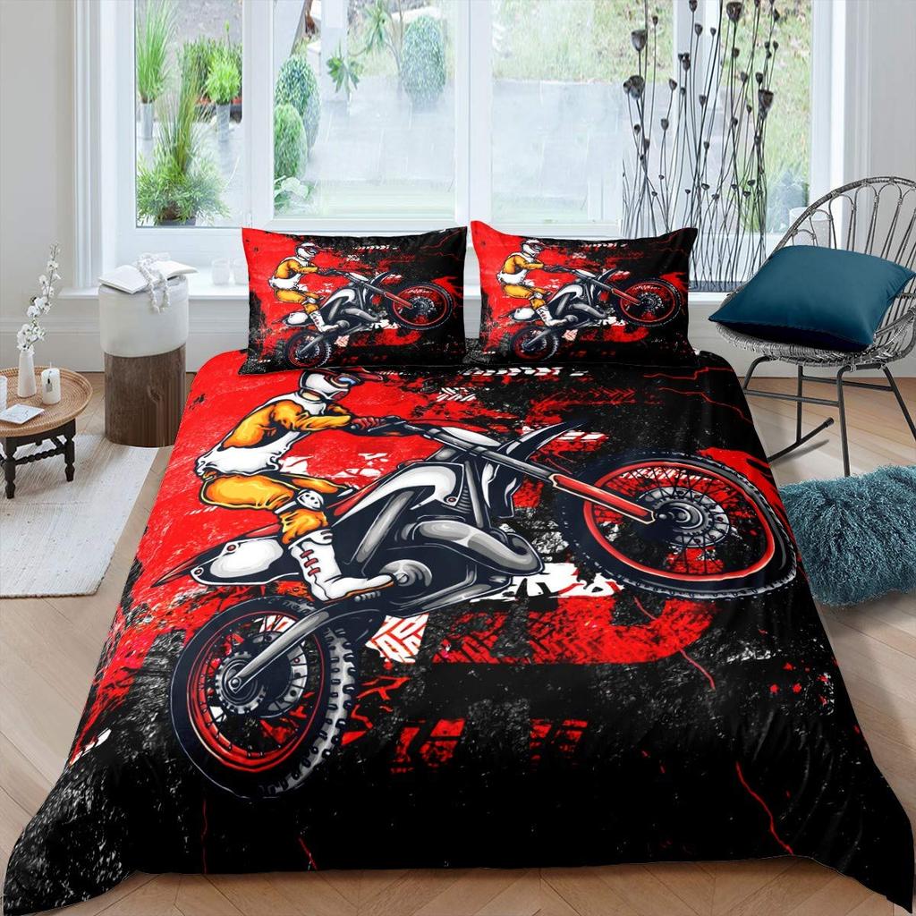 Three-Dimensional Motocross Rider Bed Cover Kit Gentle Microfiber Fabric Red Black Dirt Bike Extreme Sports Theme Motorcycle Pattern Style Bed