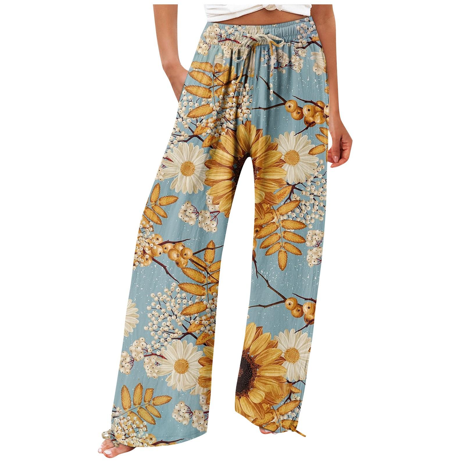 

Брюки для женщин. Летние струящиеся брюки с высокой талией и широкими штанинами с принтом. Повседневные брюки. XL жёлтый