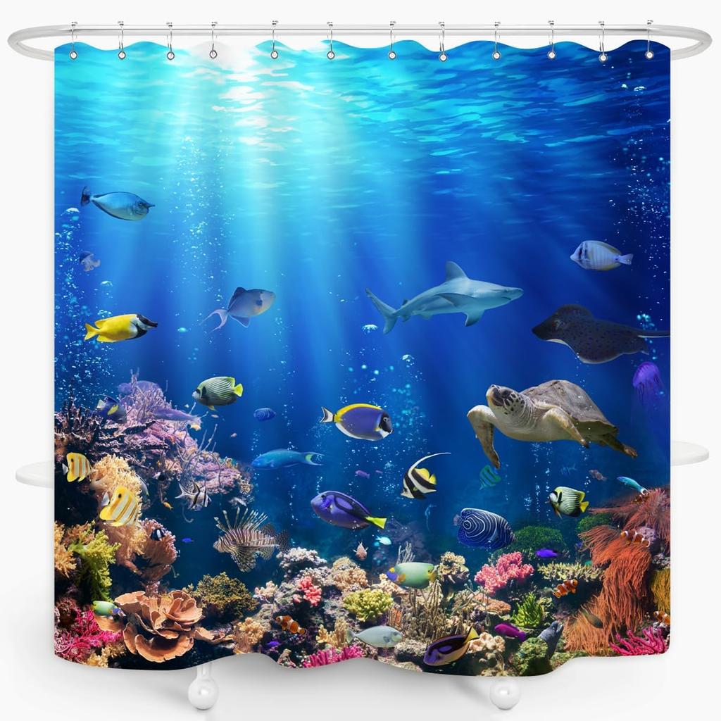 Ocean Underwater Shower Curtain - Colorful Tropical Fish & Coral Reef 72x72 Inch, Waterproof Sea Life Décor with 12 Hooks