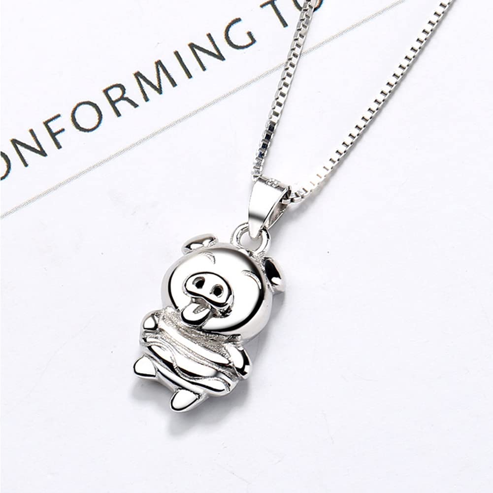 Rockyu Brand Pig Necklace Pendant Men's Necklace Sterling Silver 925 Pure Silver Necklace Cute Stylish Unisex Party Birthday Fashion Accessory