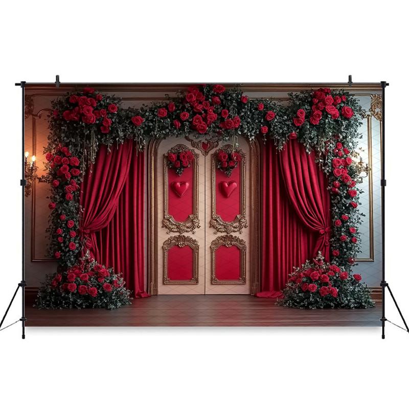 Mocsicka Valentine's Day Photography Background Red Rose Curtain Love Flower Decoration Girl Women Photo Backdrop Wedding Banner