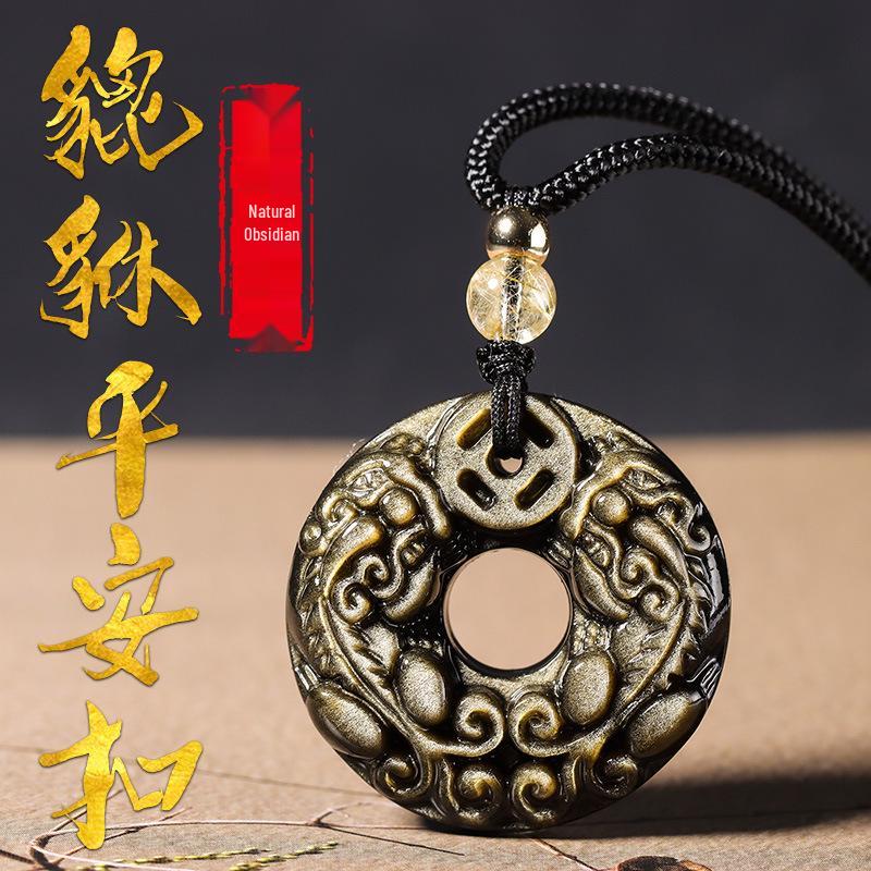 Natural Obsidian Double Pixiu Safety Buckle Pendant - Golden Obsidian Crystal Charm
