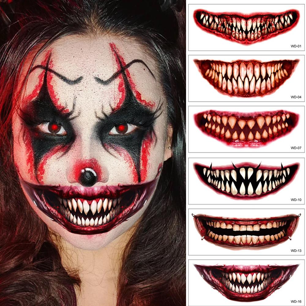 18 Style Randomly Sent Halloween Scary Big Mouth Temporary Tattoo Waterproof Long Lasting Do Not Stimulate Safety Tattoo Sticker