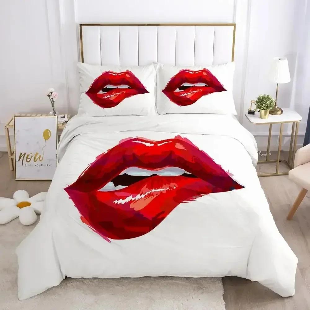 

Red Lips Duvet Cover Sets Queen Polyester Love Twin Bedding Sets Sexy Theme Adult Couple Comforter Cover Kiss Marks Quilt Cover 70x133cm 2pcs