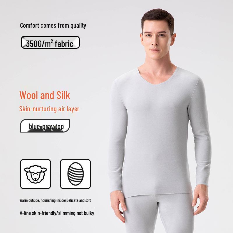 Men's Wool-Silk-Acrylic Seamless Fleece-Lined Warm Underwear Set
