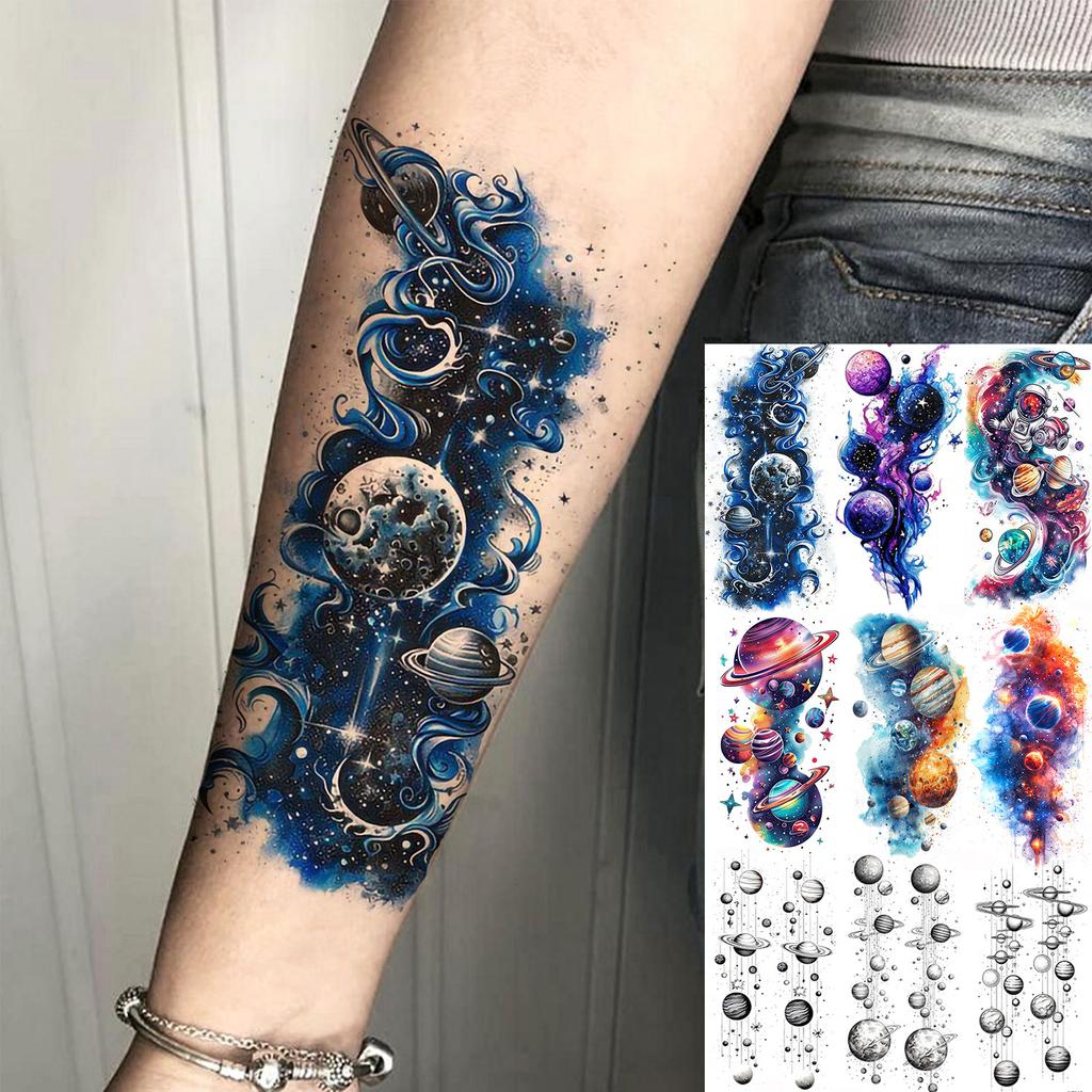 1 Sheet 3D Watercolor Universe Planets Temporary Tattoos For Men Women Long Lasting Waterproof Fake Tattoo Sticker Body Arm Art
