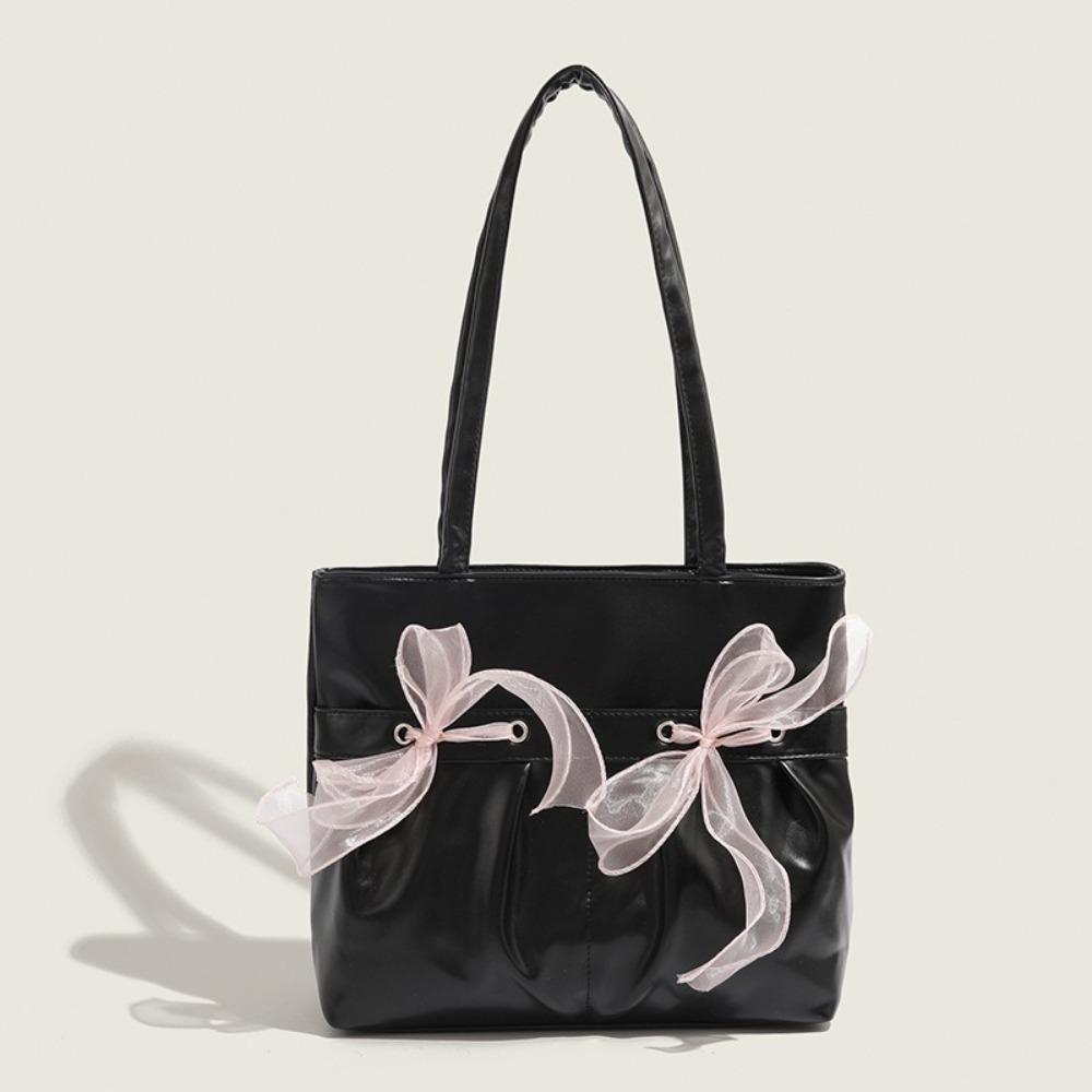 Fashion Solid Color Lace Bow Tote Bag Large Capacity Temperament Underarm Shoulder Bag Popular Trendy Commuting Bag Ladies