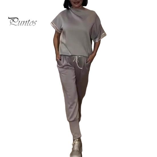 

2 шт./комплект женский комплект с открытыми плечами короткий рукав пайетки сращивание манжеты топы эластичный шнурок талия длинные брюки комплект L серый