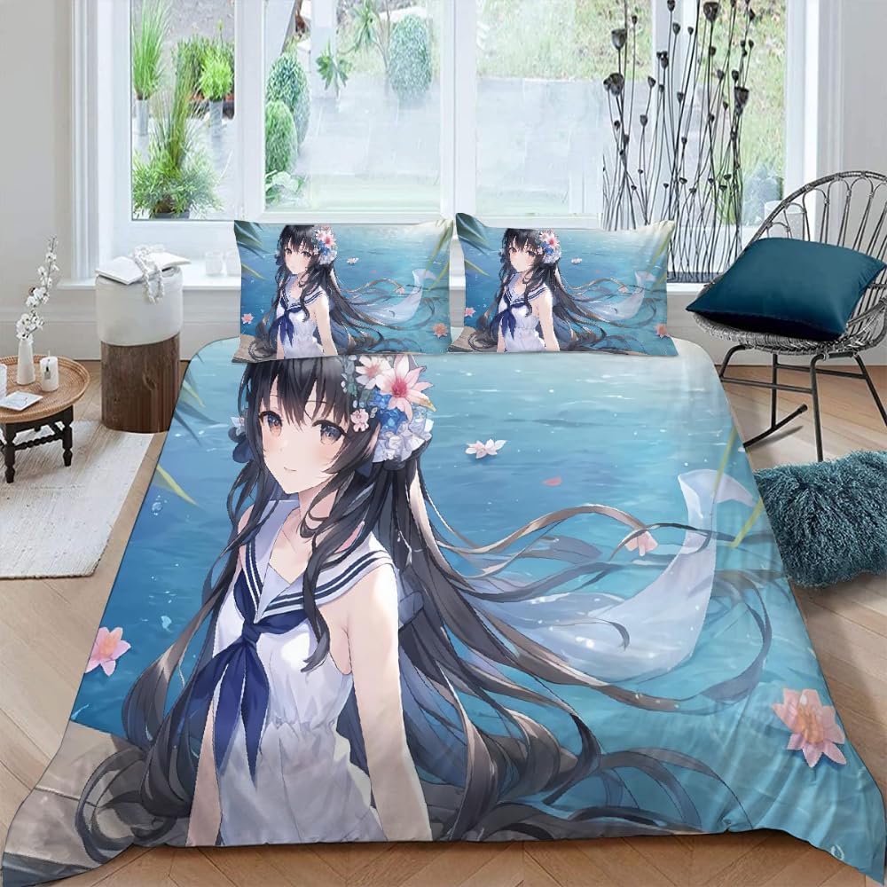 3D Japanese Anime Duvet Cover, Girls Microfiber Quilt Cover with Zipper Closure Bedroom Decor with Pillowcases For Kids Aldults