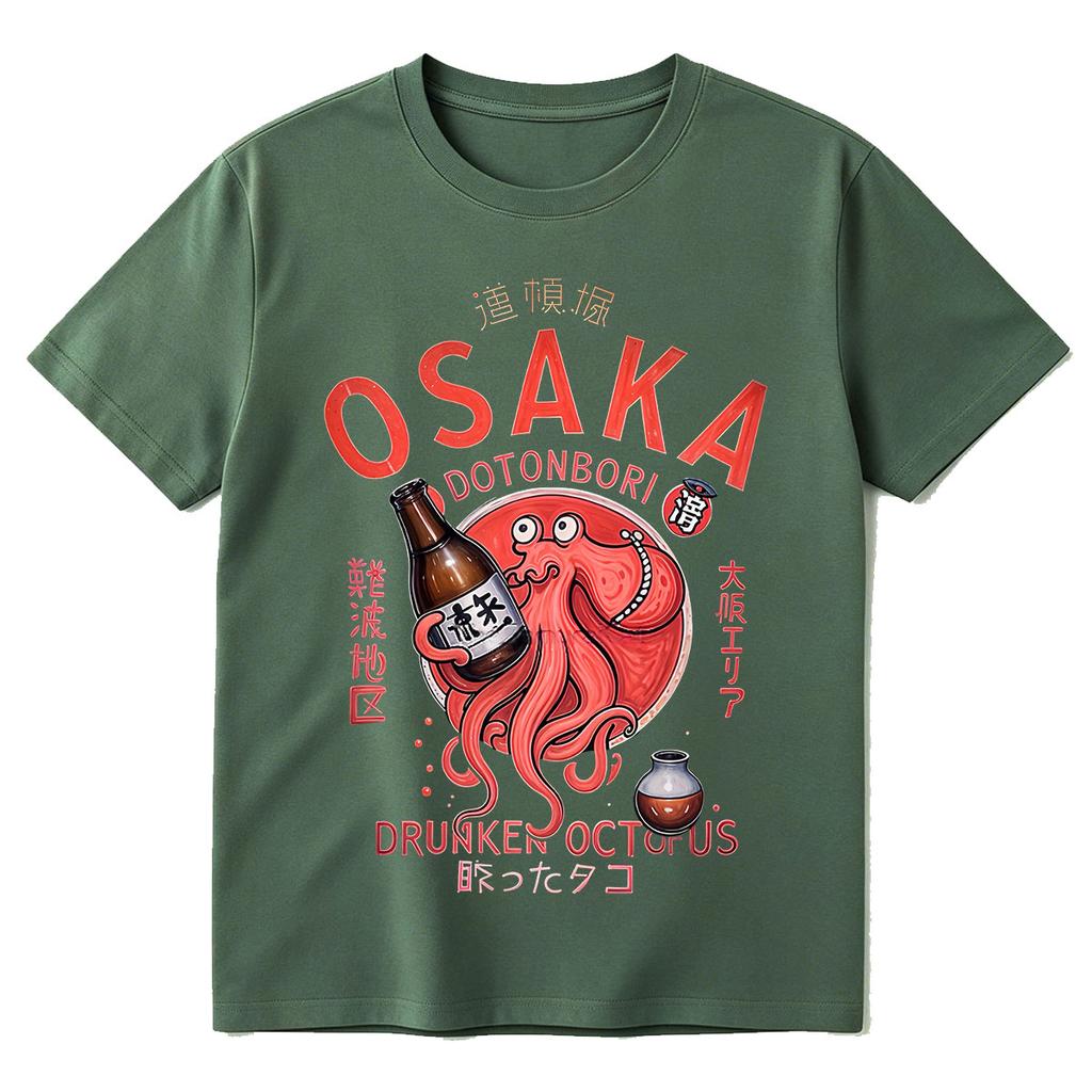 Japanischer Stil Osaka Dotonbori Betrunkener Oktopus Lustiges Meme T-Shirts Unisex WoUnisex Retro Harajuku Oversized Baumwoll-T-Shirt Streetwear