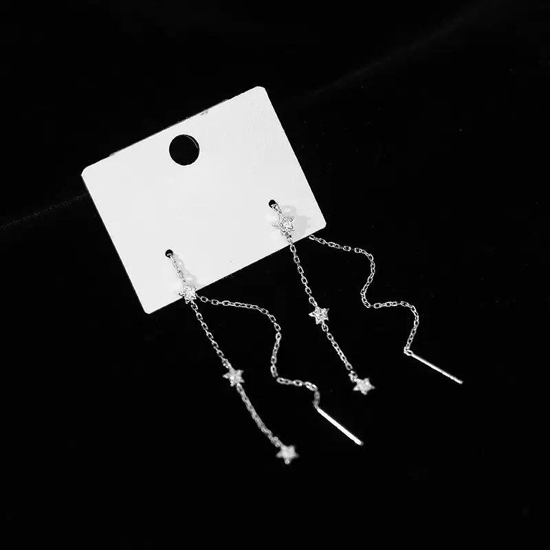 Diamond-Encrusted Star Fringed Ear Line, Sun Wind, The Same Face-Showing Long Zircon Pentagram Earrings