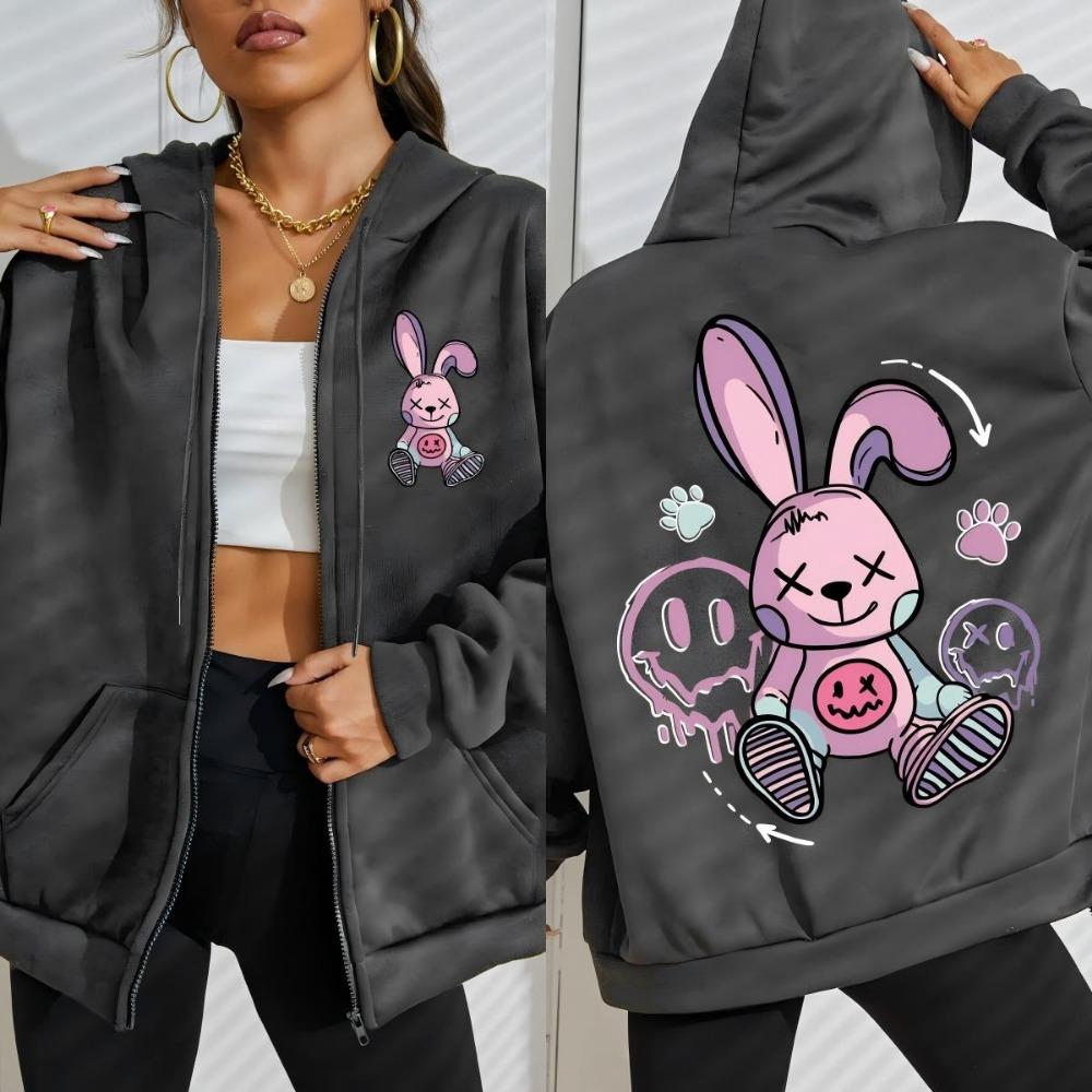 Cute Tags Cartoon Footprints Rabbit Print Women Zipper Hoody Hoodies Autumn Casual Zip-Up Clothes Pocket Hoodie