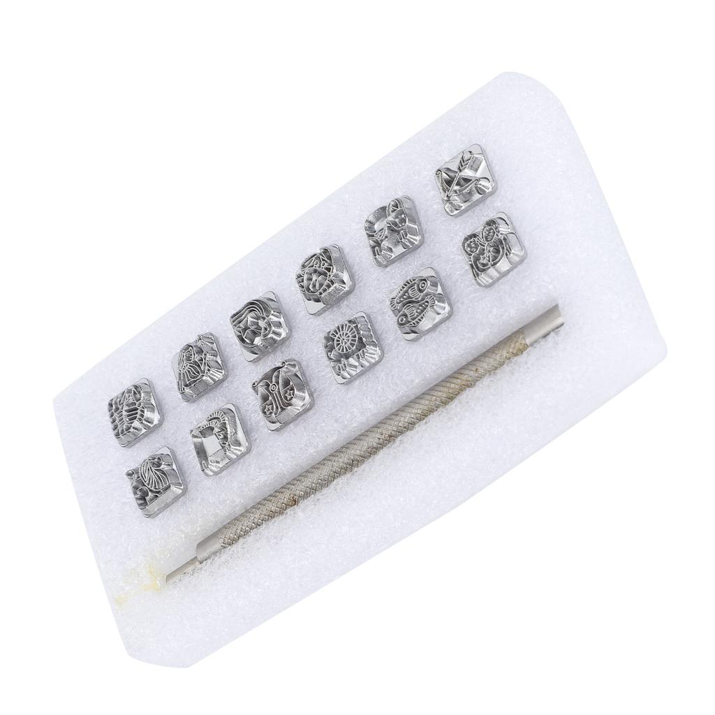 12Pcs Stamping Punch Tool Leather Craft Alloy Steel DIY Vegetable Leather Stamper 1Pc Handle(Twelve