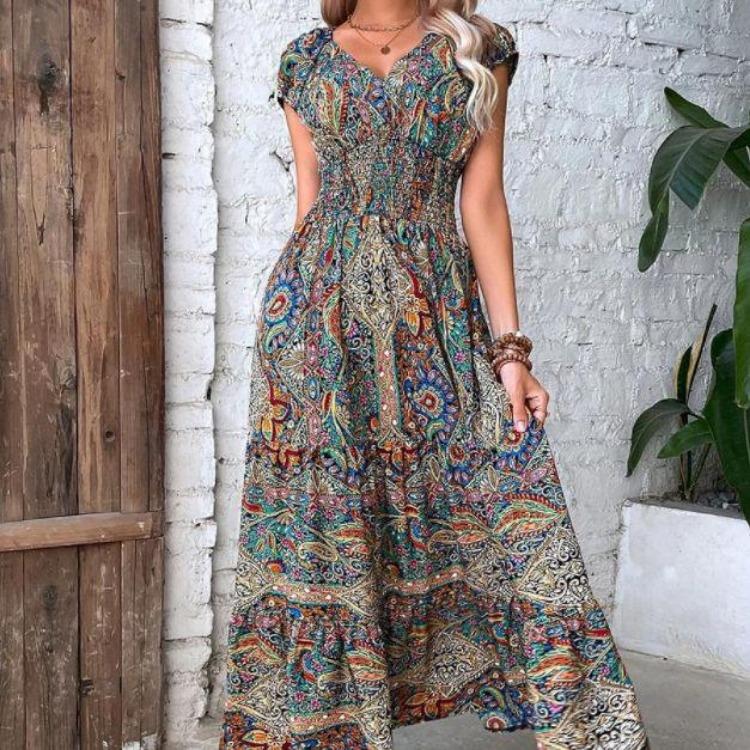 Floral Print Bohemian Maxi Dress with V Neck and Waist Cinching Big Swing Skirt
