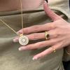 Women Light‑Luxury Necklace, New Chinese Style Full Diamond Double‑Sided Hollow Brushed Forged Compass Lemon Slice Pendant