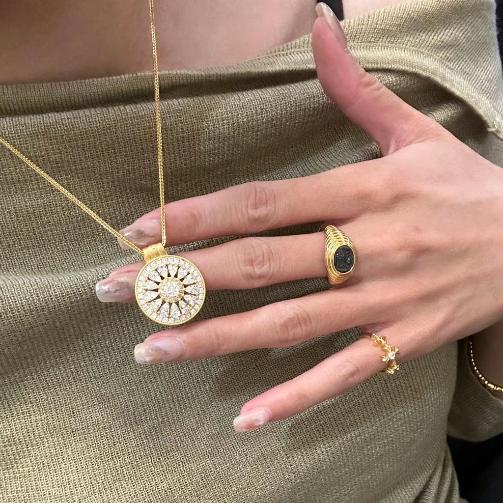 Women Light‑Luxury Necklace, New Chinese Style Full Diamond Double‑Sided Hollow Brushed Forged Compass Lemon Slice Pendant