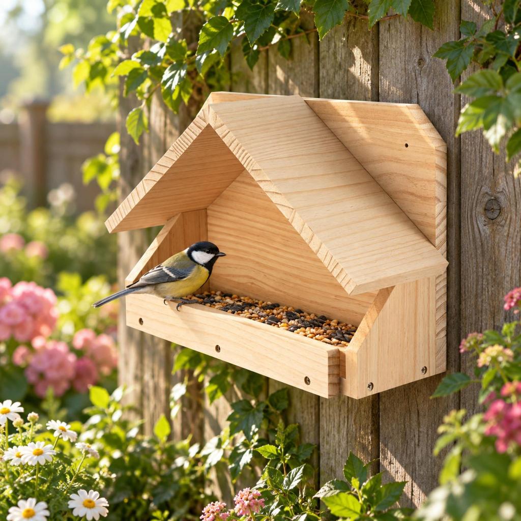 UncoveredFront Wooden Bird Feeder WoodGrain with Pitched Roof WeatherResistant