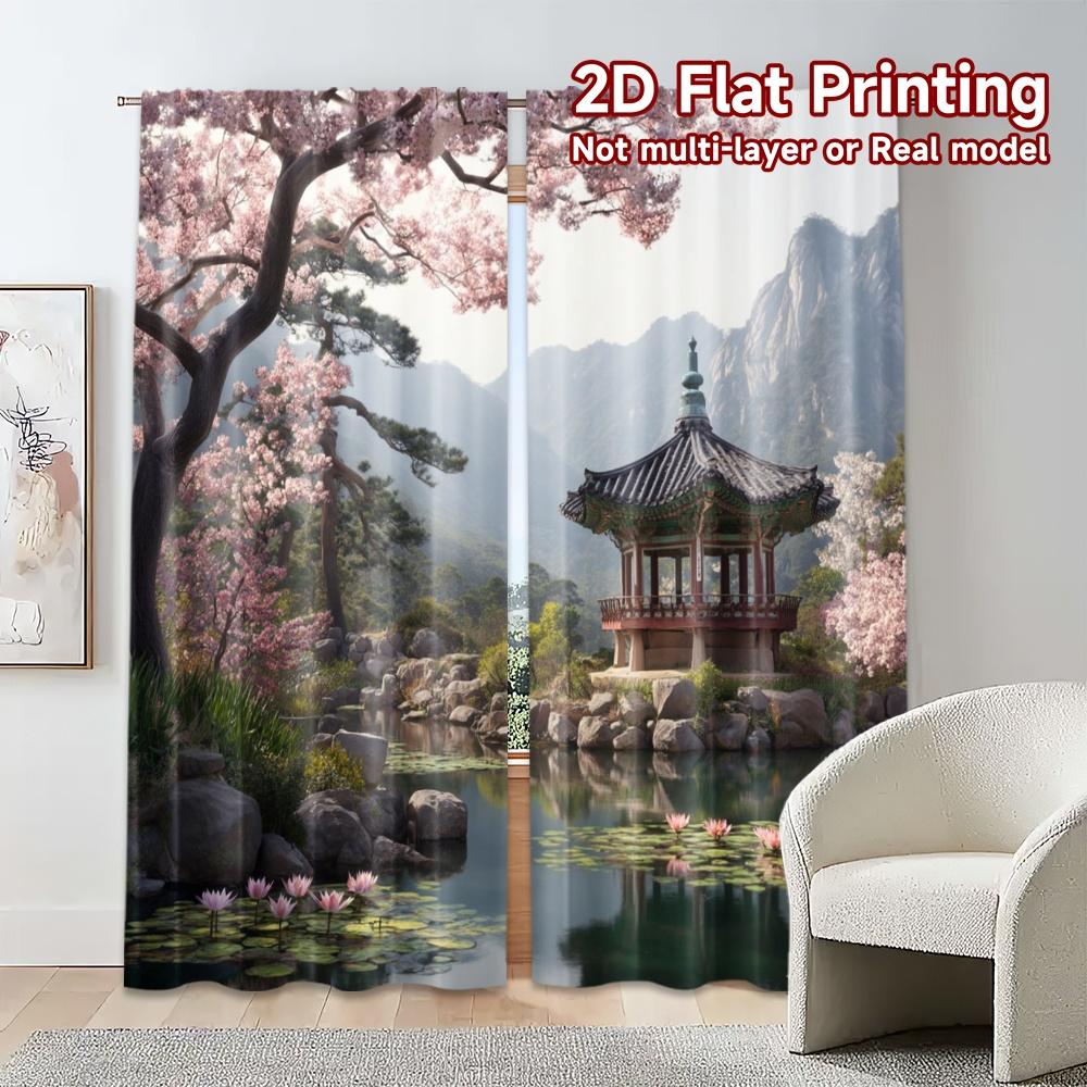 2pcs, 2D FLAT PRINTING Curtains (Without Rod) Serene Pavilion Light Filtering Chic Curtains Versatile Fabric Curtains Versatile