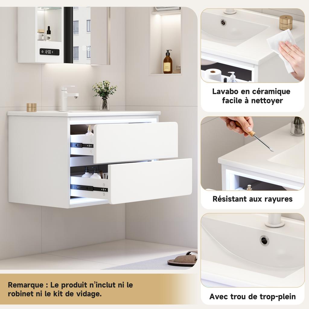 76x46x48,5cm Wandmontage Badkamerkast, Verfcoating, LED Radar Sensor Verlichting, Twee Lades, Uitschuifbare Rails, Wastafelmeubel, Geïntegreerde Wastafel, Wit