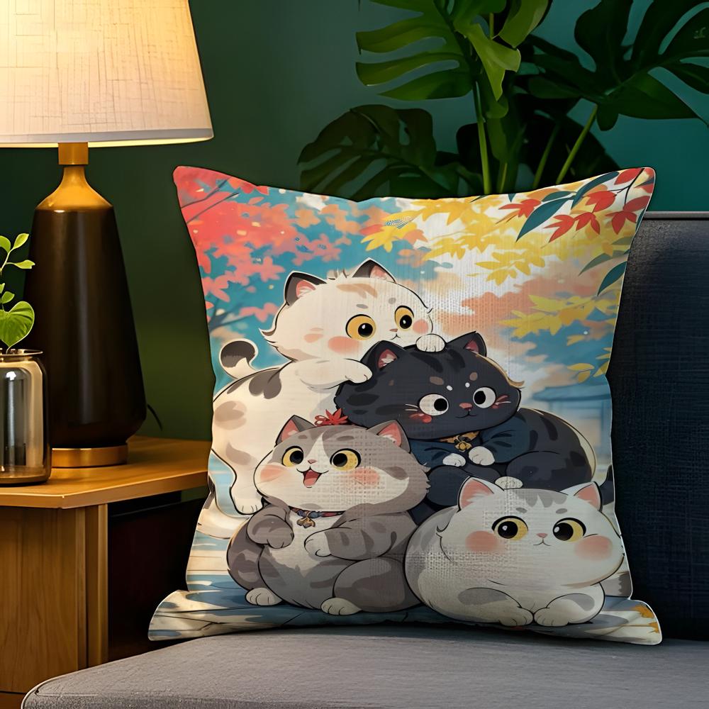 Spring Sunshine Cat Illustrations Pillow Case Natural Linen Pillow Case DoubleSided Decor Sofa Pillowcase Home Decor
