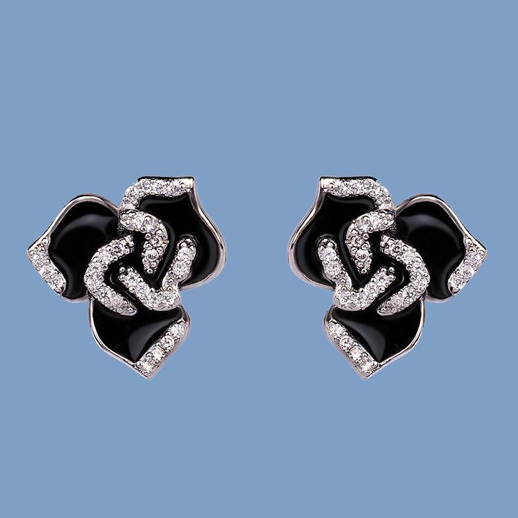 9 Stud Earrings Floral Black Epoxy Ladies Handmade Jewelry Enamel Earrings