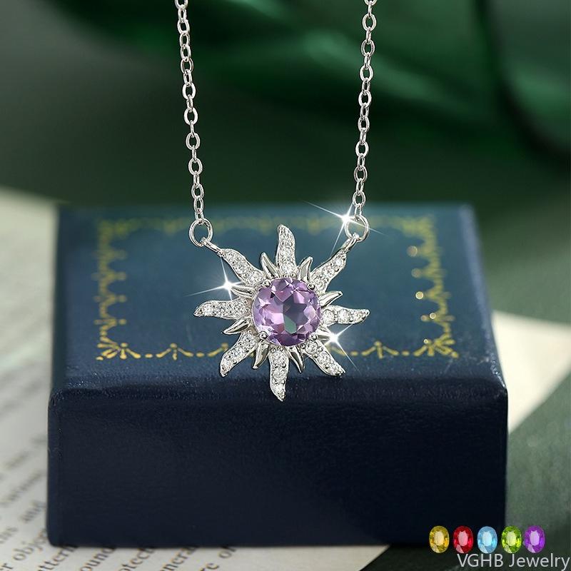 Elegant S925 Sterling Silver Sunflower Necklace, Inlaid Amethyst/Topaz Crystal, Fashion Starburst Choker Jewelry for Women