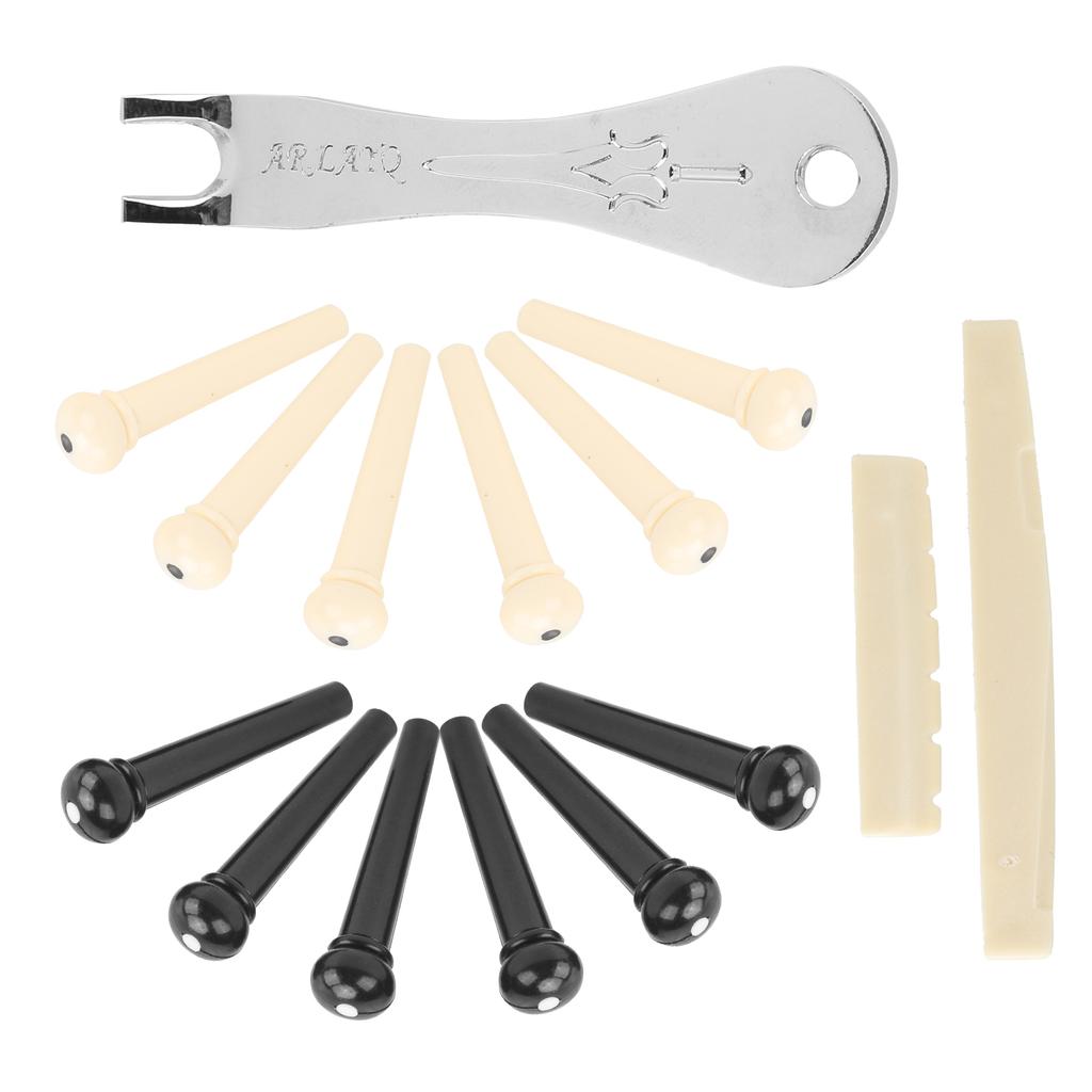 12Pcs Acoustic Guitar Bridge Pin Set Folk String Peg Kit Accessory with Saddle Nut Puller