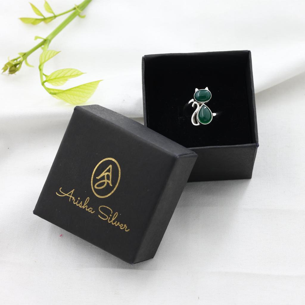 Green Onyx Silver Cat Ring, Gifts For Her, 925 Sterling Silver Handmade Jewelry, Silver Animal Jewelry, Women Ring Ar8926