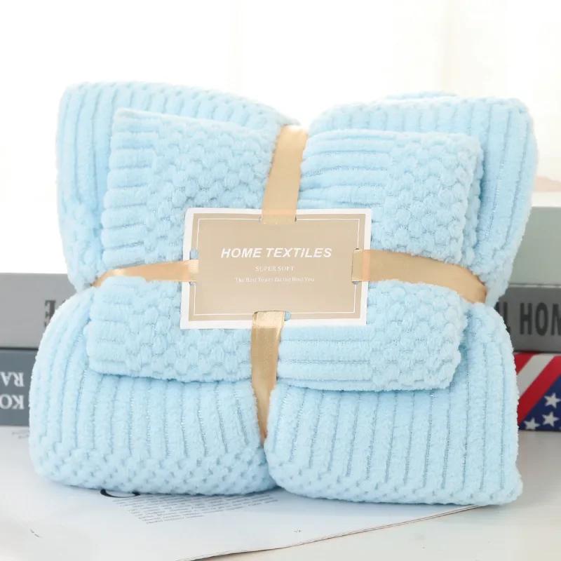 Thick Coral Fleece Towels Suit Solid Color Auspicious Grid Soft Absorbent Adult Beach Towel Covers