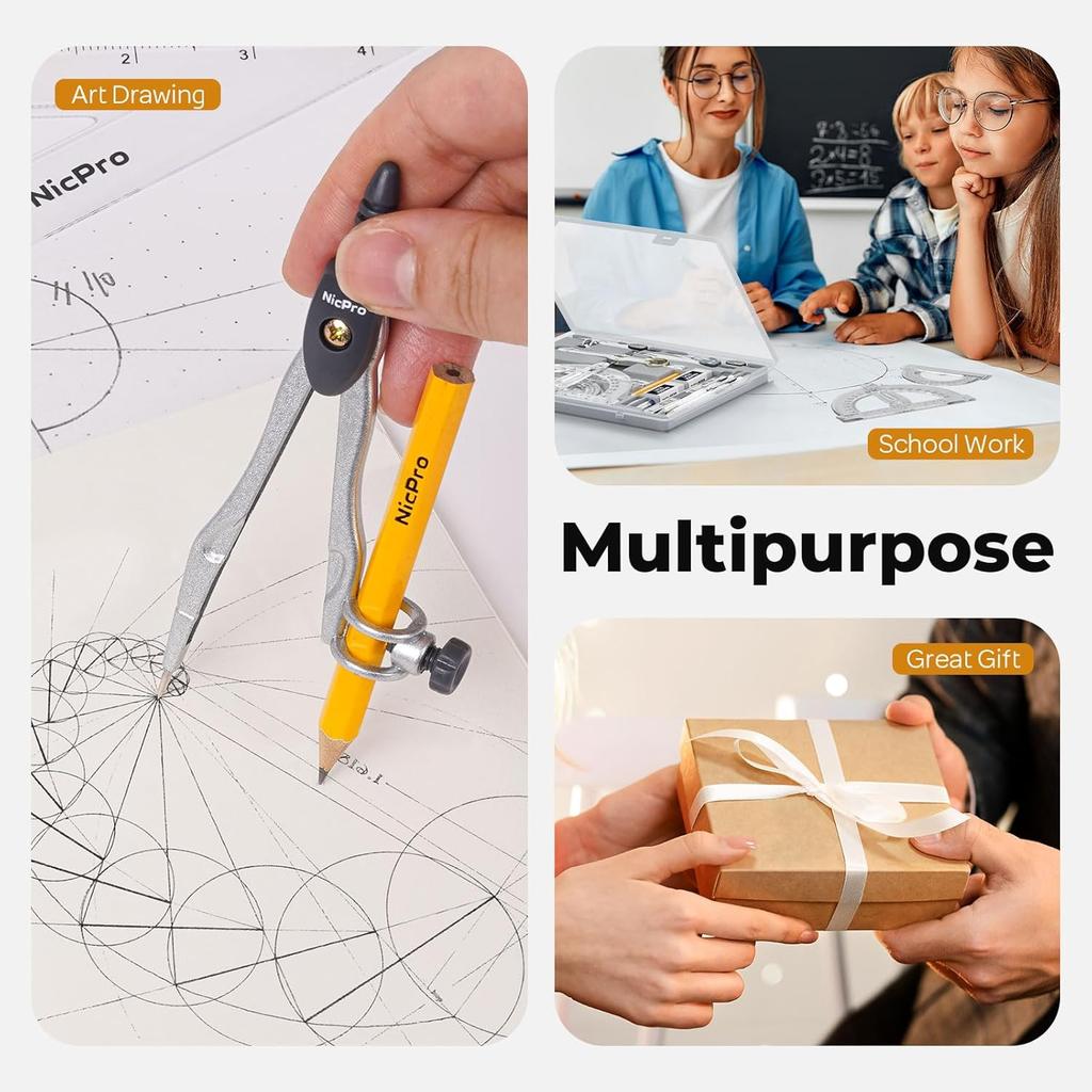 Nicpro 22 PCS Compass Geometry Tools with Case, Drafting Tools Geometry Set with Swing Arm Protractor, Rulers, Metal Compass, Square Set, Mechanical