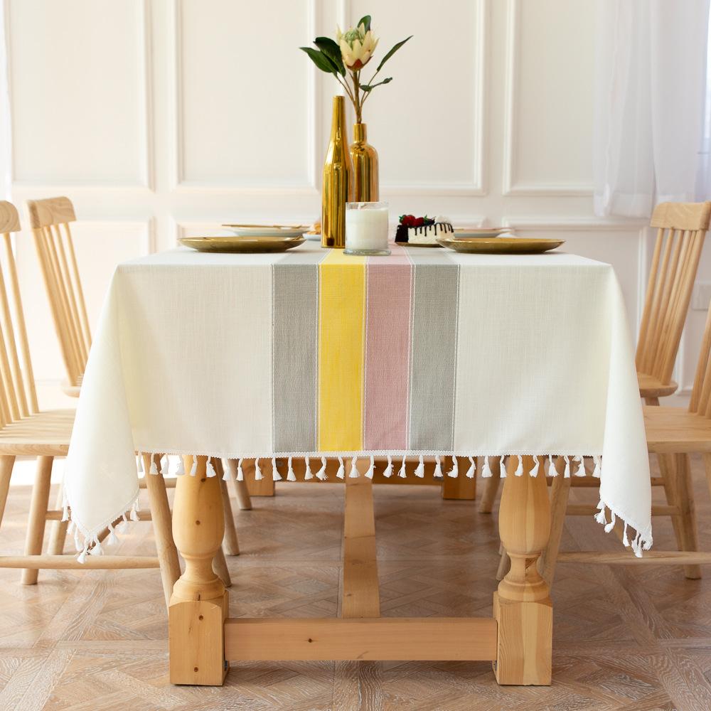 Custom Tablecloth Modern Simple Fabric Striped Tablecloth Party Splicing Tassel Cotton And Linen Dust Table Mat