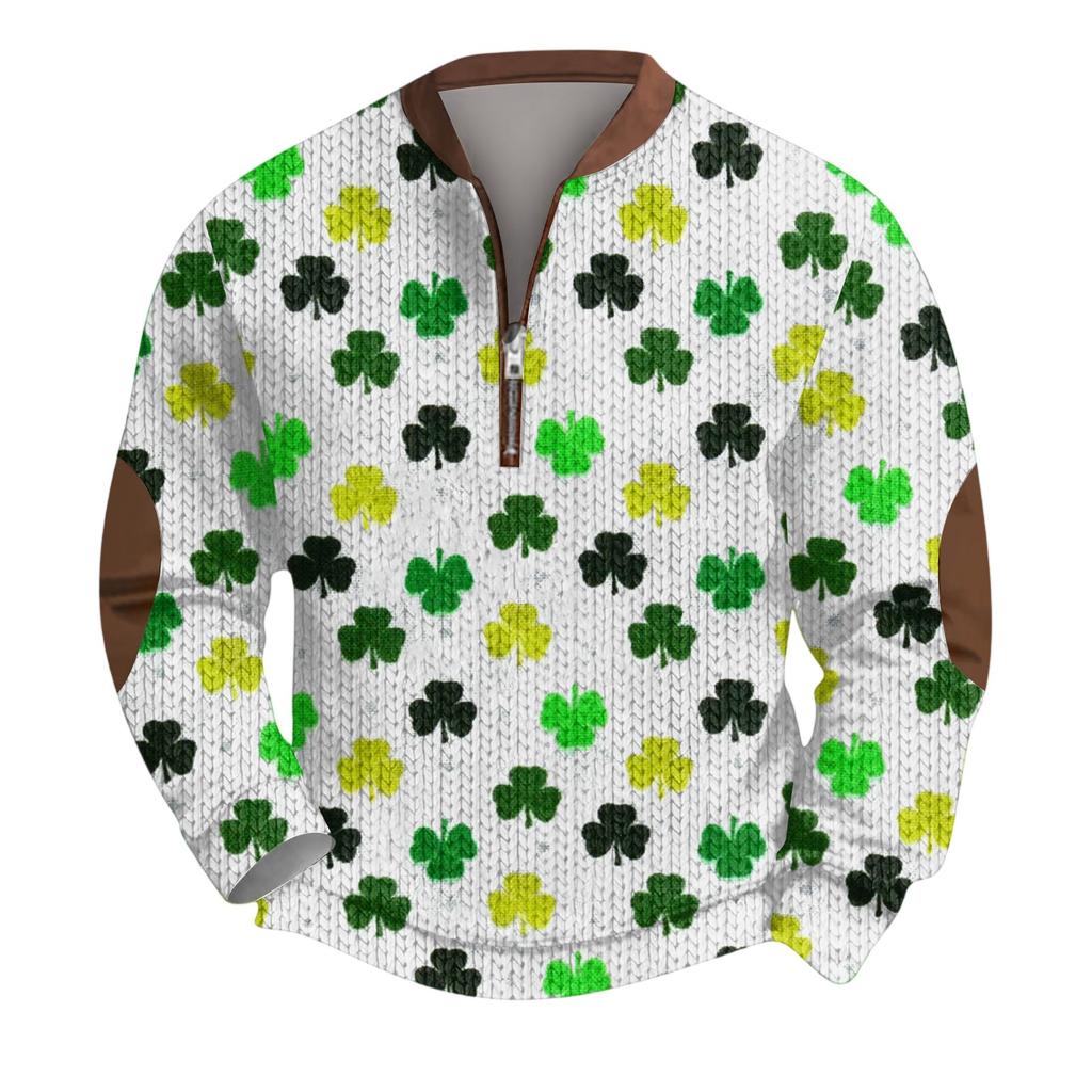 Mens Christmas Sweater Zip Up Sweatshirts Vintage Knit Graphic Sweatshirt St. Patrick's Day Stand Collar Pullover