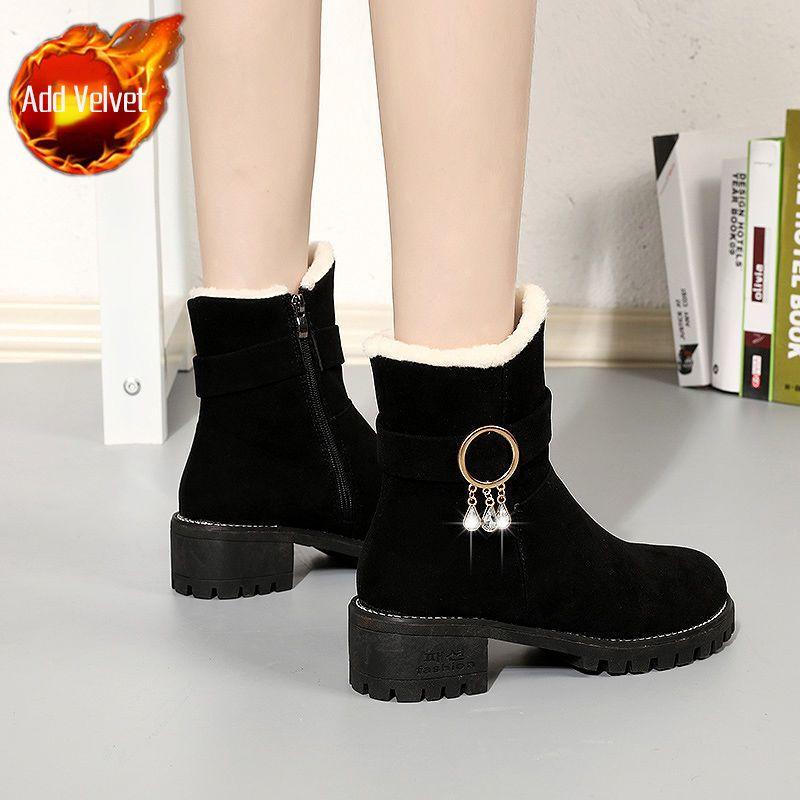 

Fashion Rhinestone Elegant with Medium Heels Plush Snow Boots for Women Winter Round Toe Woman Shoes Goth Y2k Warm Booties on Promotion 40