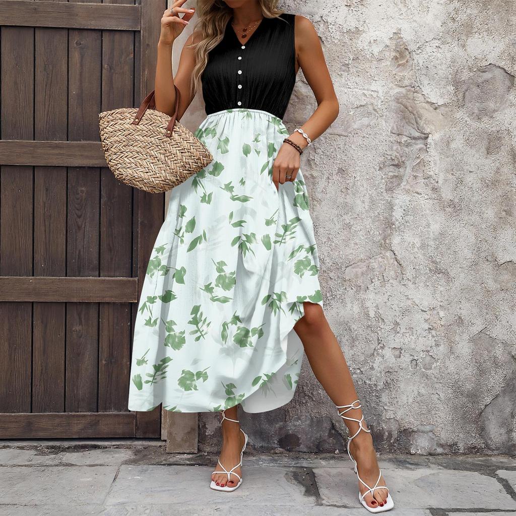 Women's Casual And Fashionable V-neck Sleeveless Printing Mid Length Dress