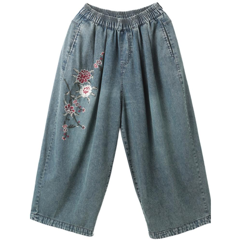 Dimanaf 2025 Sommer Damen Jeans Lässig Bestickte Blumen Haremshosen Hohe Taille Elastische Grundlegende Lose Haremshosen