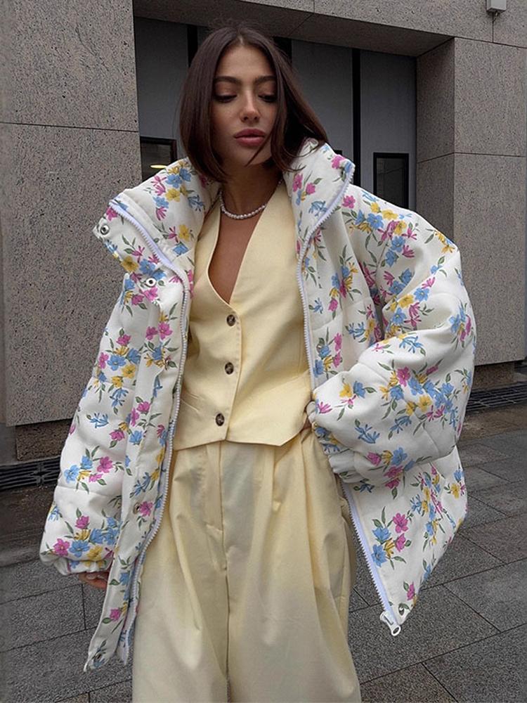 Damen Baumwollgepolsterte warme Jacke Damen dünne Daunenjacke Damen bedruckte Reißverschlussreversjacke Modestil Herbst und Winter