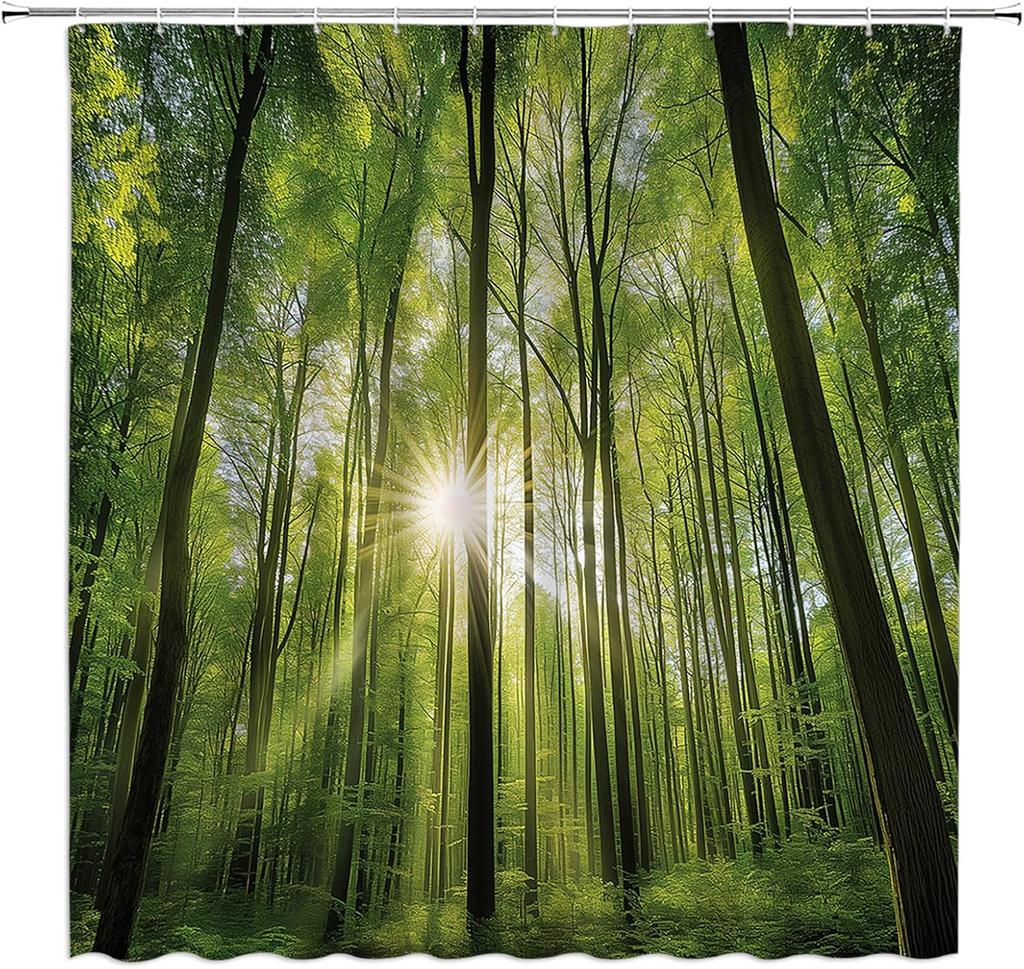 Bamboo Shower Curtain Green Bamboo Forest Tree Japanese Asain Art Rustic Wild Nature Plant Scenic Watercolor Fresh Spa