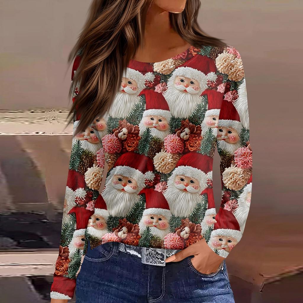 Women's Fashion Casual Slit Hem Round Neck Long Sleeve Loose  Printed T-Shirt Ladies Top