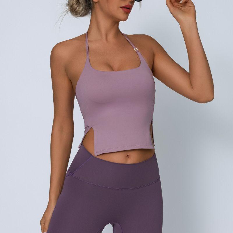 

Foreign Trade Cross-Border Yoga Vest with Chest Pad Women s Halterneck Adjustable Tops Quick-Drying Nude Feel Sports Exercise Strap Fog Purple L