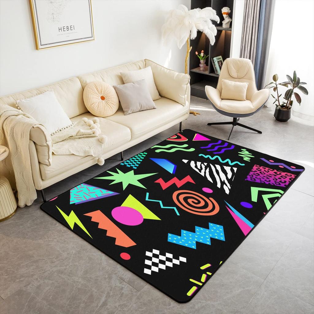 Memphis Area Rug, Hipster Retro Doormat, 80s 90s Hip Hop Funky Colorful Pop Art Inspired Carpet for Playroom Geometric Floor Mat
