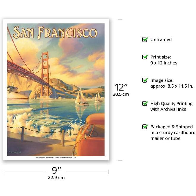San Francisco California - Golden Gate Bridge - Marin Headlands - Vintage Travel Poster by Kerne Erickson - Master Art Print (Unframed) 9in x 12in