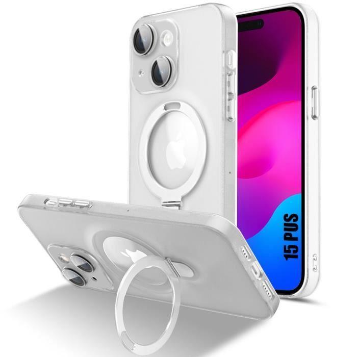 Coque pour iPhone 15 Plus, Protection Antichoc Rigide avec Support Anneau Magnétique et Protection Caméra - Semi-Transparent