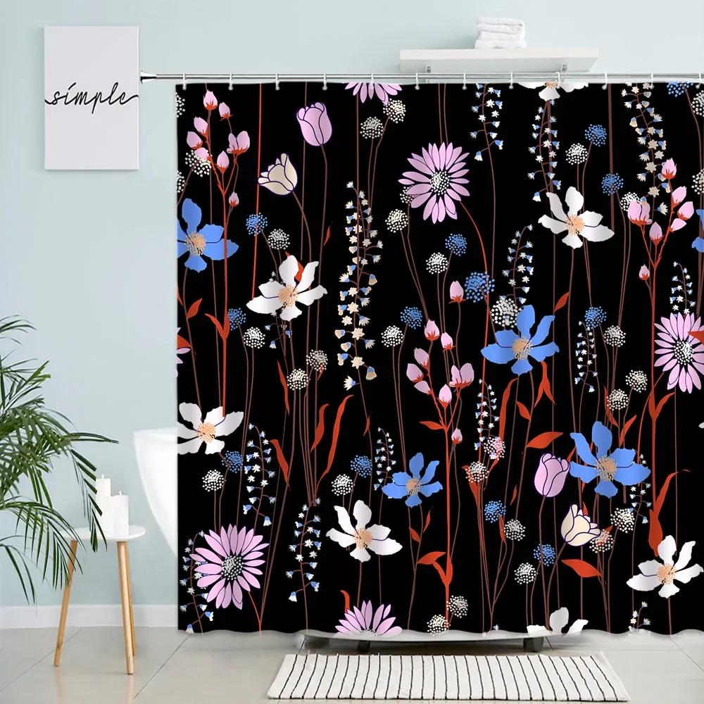 Plant Flowers Shower Curtains Pink Rose Butterfly Dandelion Simple Floral Black Bath Curtain Modern Print Fabric Bathroom Decor