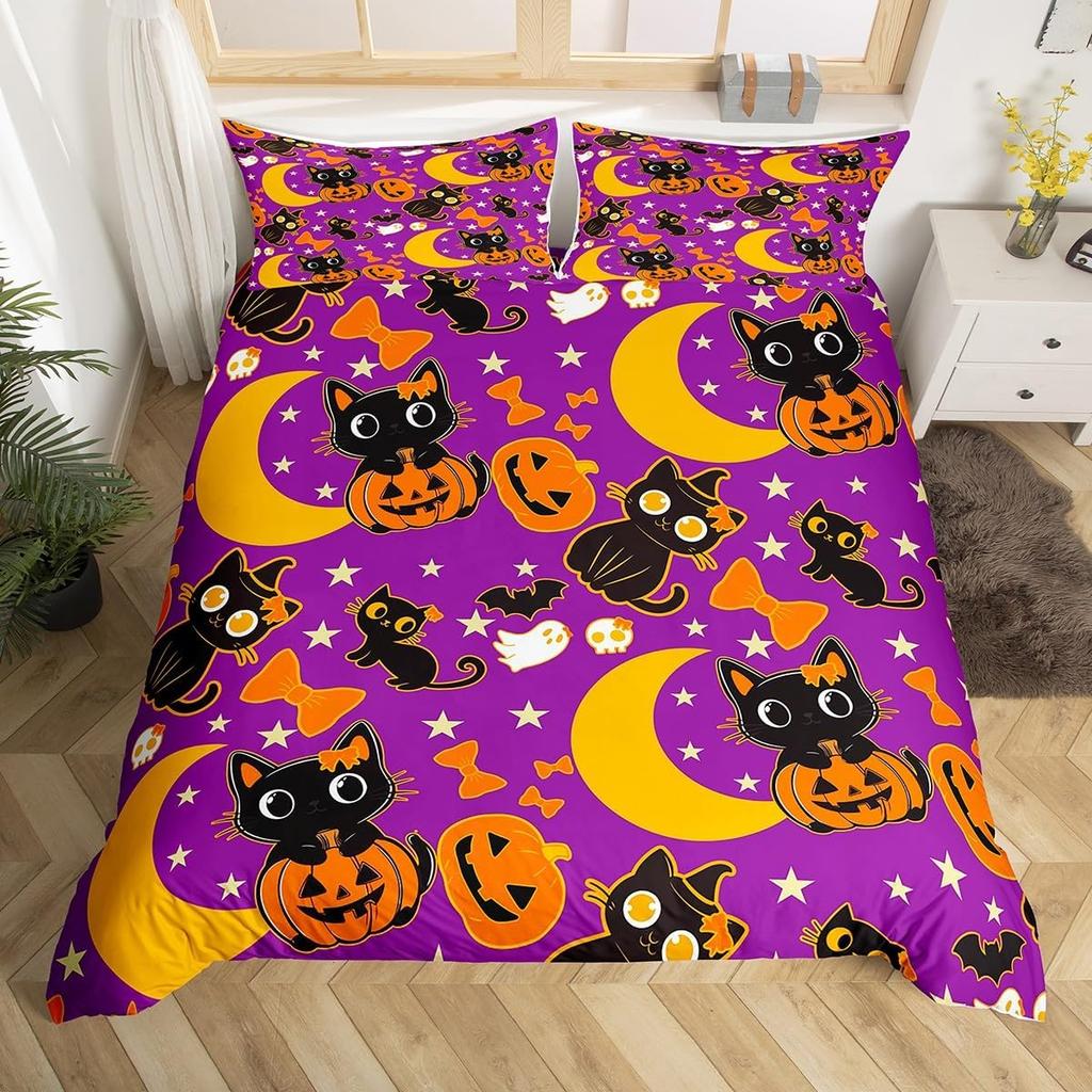 Comforter Cute Halloween Cat Mystery Castle Bedding Set For Kids Teen Microfiber Misty Forest Bat Queen Bedclothes