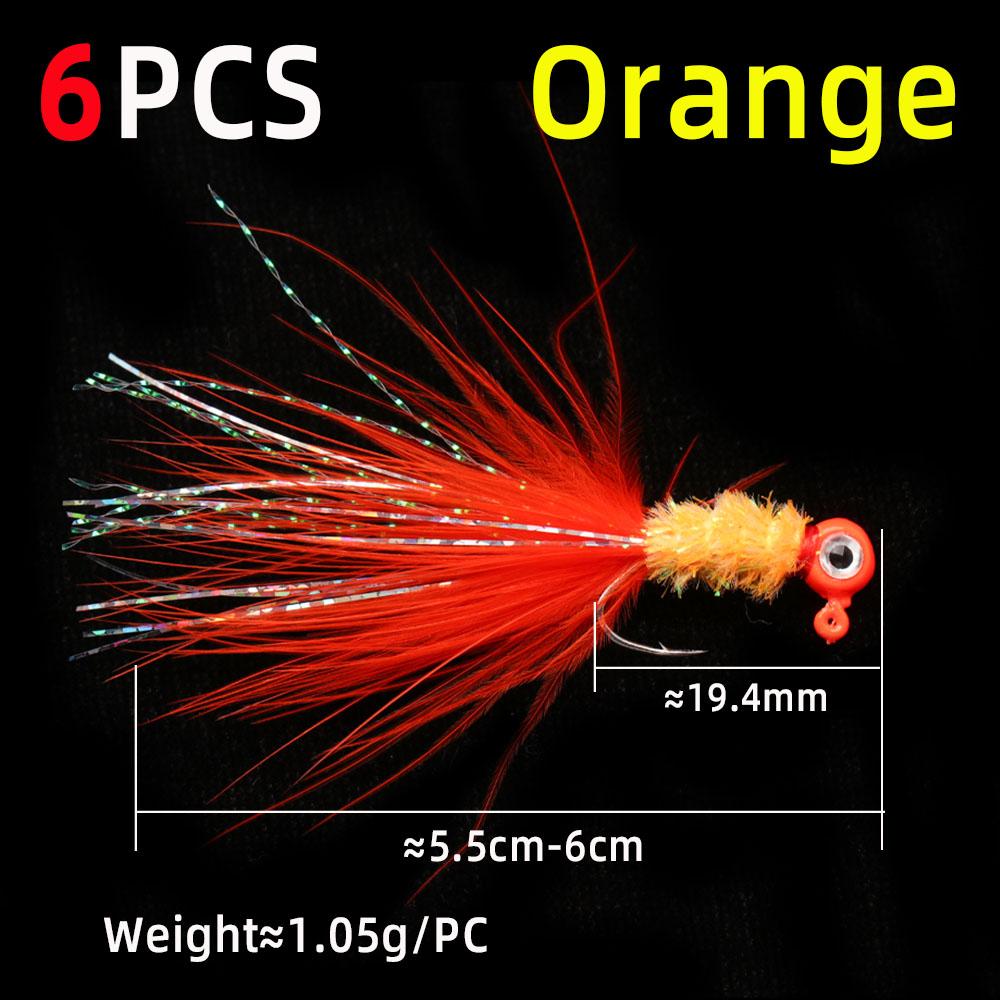6 STÜCKE 6 Farben Marabou Crappie Jigkopf Haken Eisfischen Panfish Sonnenfisch Forelle Walleye Angelköder Haken