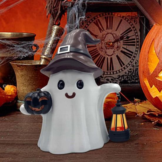 Solar Cute Ghost Statue Halloween Desktop Ornament Weather-Resistant Handmade Resin Pumpkin Ghost Figure with Light