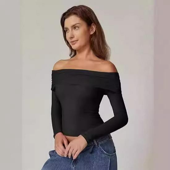 European and American Women's One-Shoulder Long-Sleeve Milk Silk T-Shirt - Elegant and Stylish Design