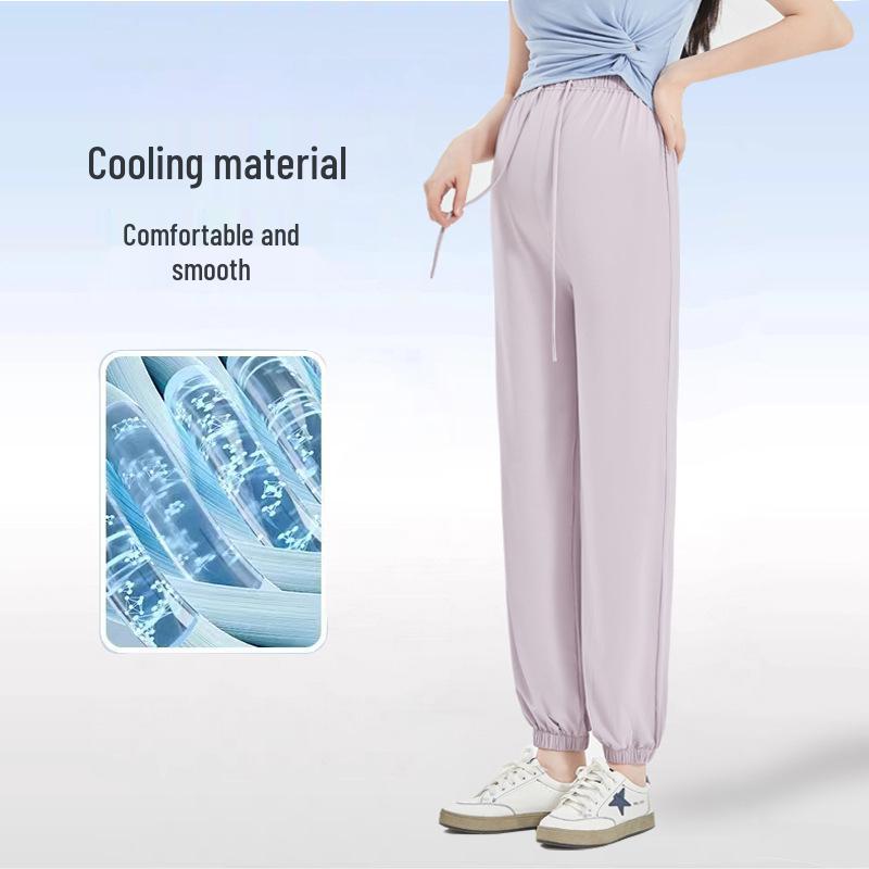 Summer Maternity Ice Silk Joggers - Quick-Dry, Lightweight, Cropped Sports Pants with Drawstring.